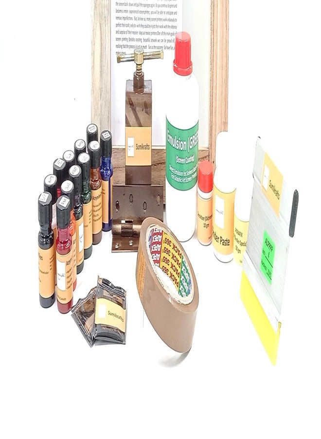 sumikrafts Screen Printing kit for Beginners: 12 Assorted Pigment Dyes+ Single Hinge(Table clamp)+Wooden Frame Small 8"x10" pre Stretched mesh no 16-for Graphic Arts Screen Printing - Image 3